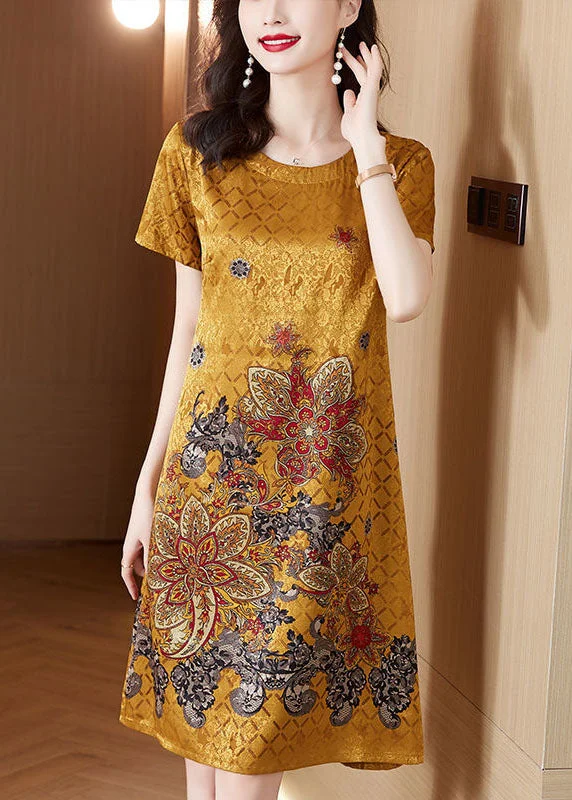 Beautiful Yellow O-Neck Print Silk Robe Dresses Summer