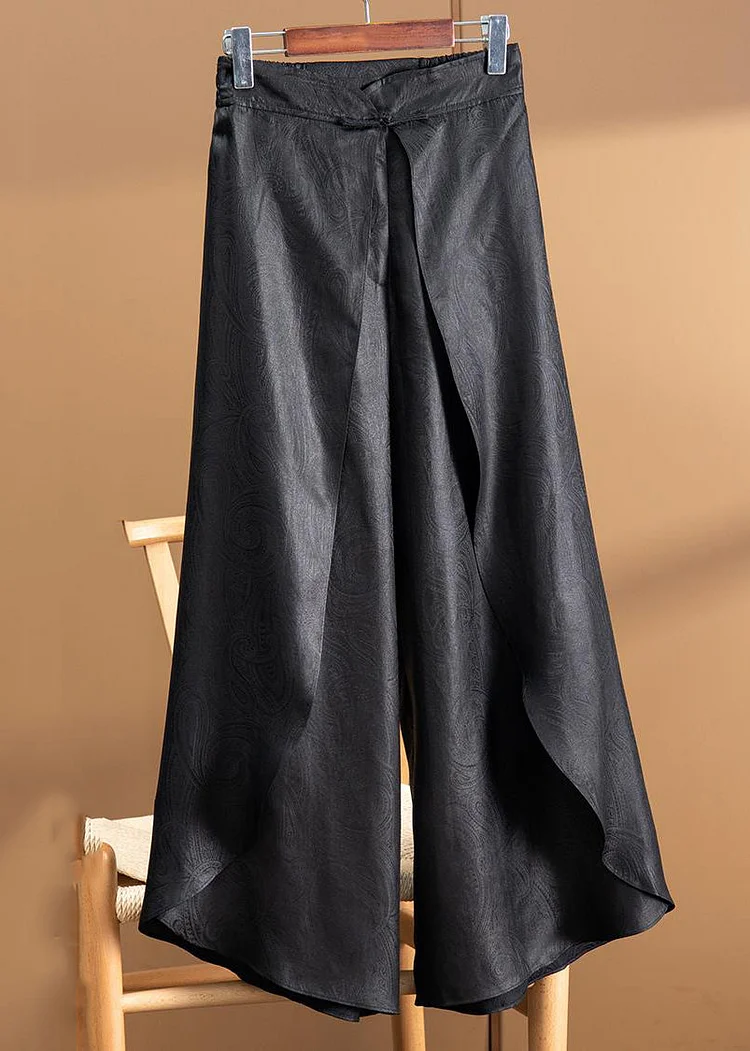Jacquard Black High Waist Silk Wide Leg Pants Spring