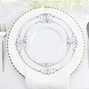 10 Pack | 10" Round Plastic Dinner Plates in Vintage White, Silver Leaf Embossed Baroque Disposable Plates