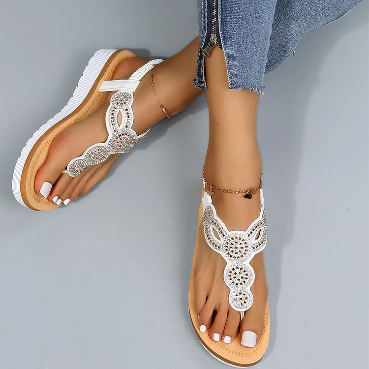 White Platform Wedge Heel Flip Flops Elastic Ankle Straps Sandals