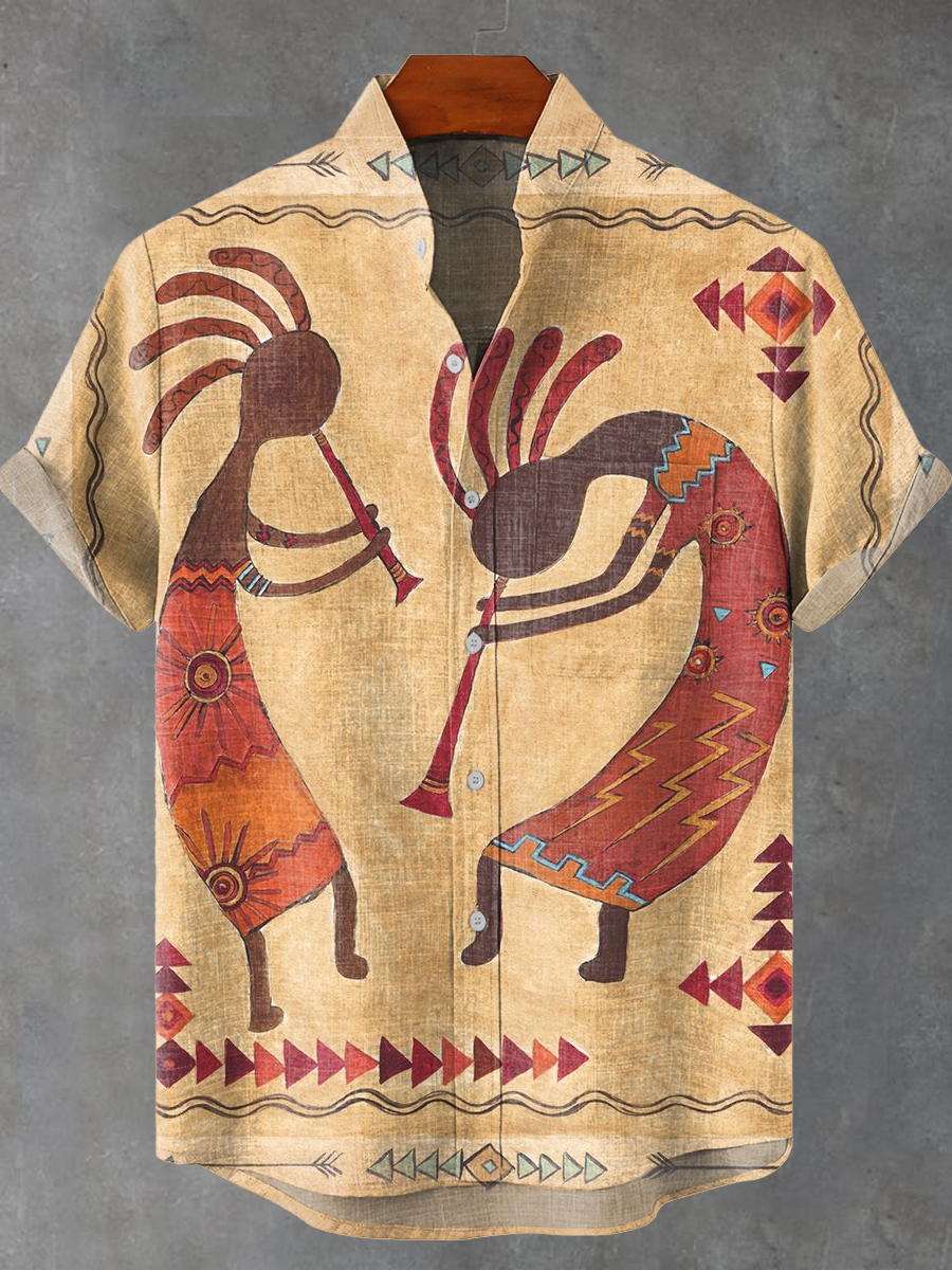 Vintage Abstract African Tribal Music Totem Painting Art Print Casual 100% Cotton Shirt