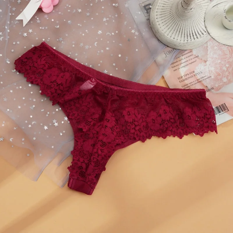 Women Sexy Lace Lingerie Temptation Low-waist Thong Panties Transparent Hollow Out Underwear Female Embroidery Floral G String