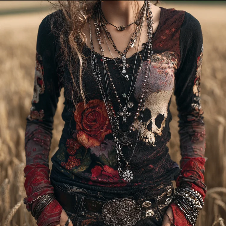 Women's Flower-skull Long-sleeved Black Vintage Top