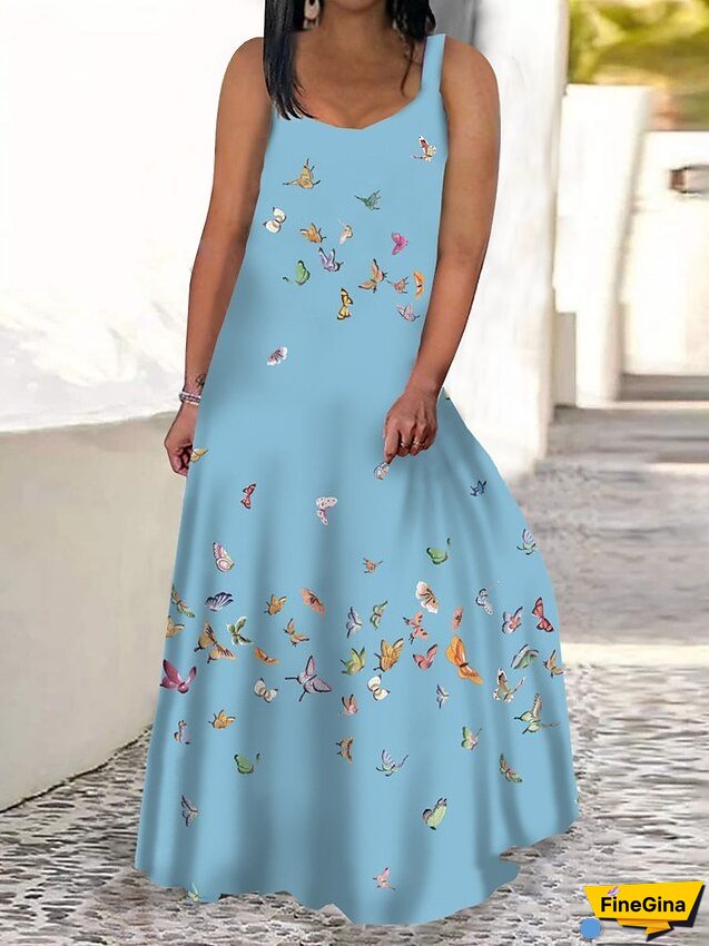 Women's Plus Size Casual Dress Swing Dress Tank Dress Butterfly Long Dress Maxi Dress Sleeveless Print V Neck Modern Daily White Blue Summer Spring L XL XXL 3XL 4XL