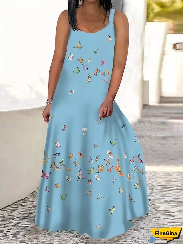 Women's Plus Size Casual Dress Swing Dress Tank Dress Butterfly Long Dress Maxi Dress Sleeveless Print V Neck Modern Daily White Blue Summer Spring L XL XXL 3XL 4XL