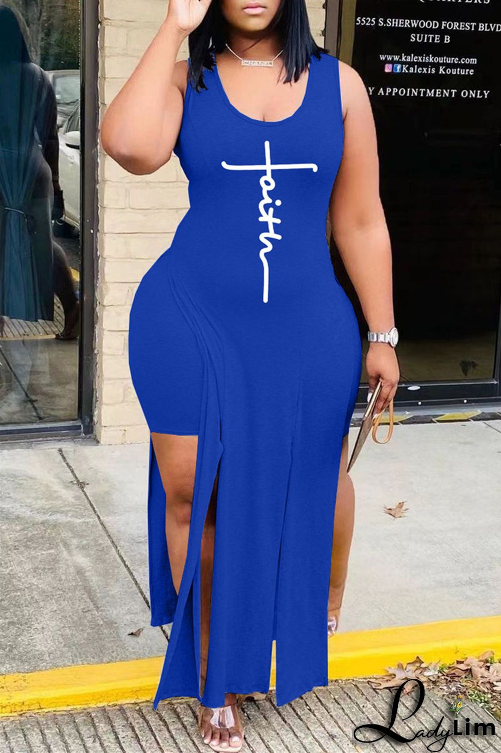 Grey Fashion Sexy Print Slit Vests U Neck Sleeveless Two Pieces