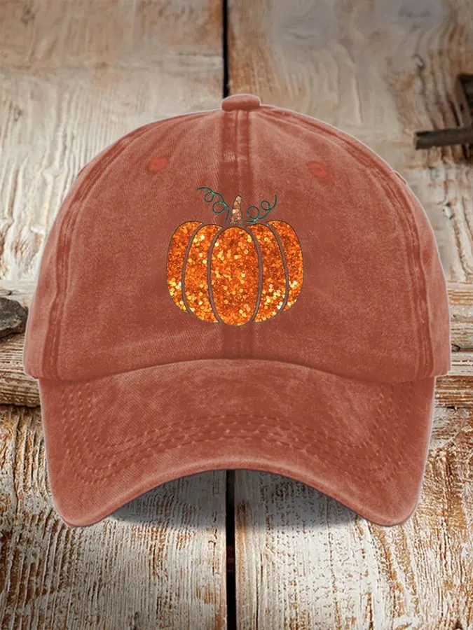 Unisex Washed Sequin Fall Pumpkin Print Hat 