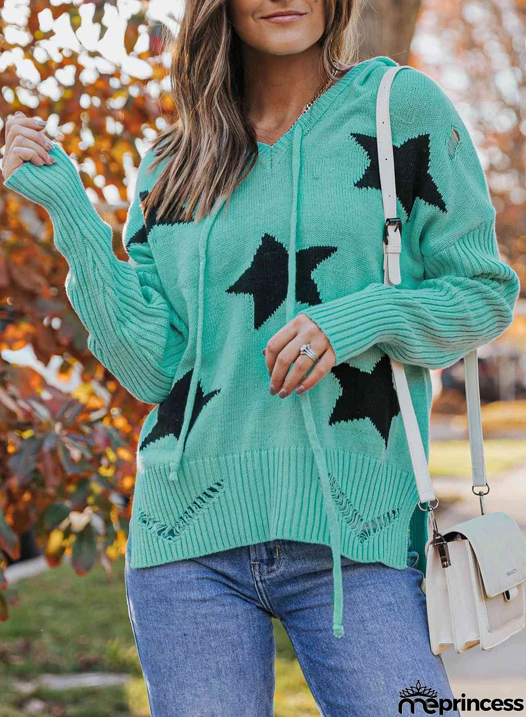 Woven Right Star Distressed Slit Hooded Sweater