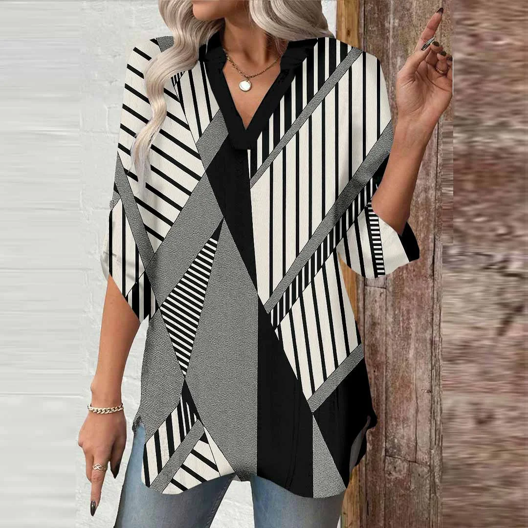 Women Geometric,  Black,  White DZGA0427 3/4 Sleeve V-neck Printed Graphic Button Tops