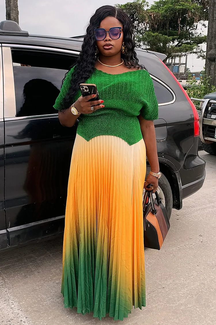 Shimmering Knit Short Sleeve Top Ombre Color Pleated Maxi Skirt 2pcs Set-Green