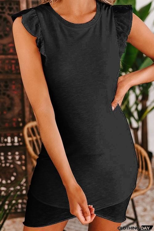 Solid Ruffles Slit Hem Mini Dress