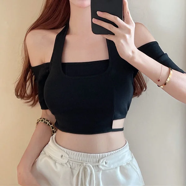 Short Sleeve Fake Two Piece Halter T-Shirt Top