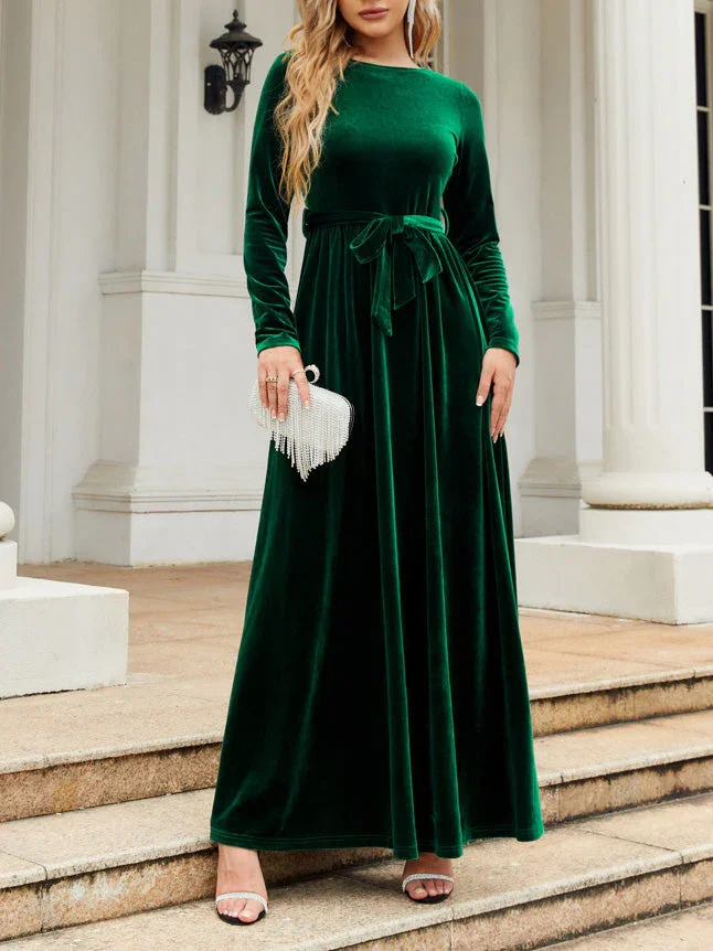 Women's Dresses Solid Gold Velvet Tie-Up Long Sleeve Dress