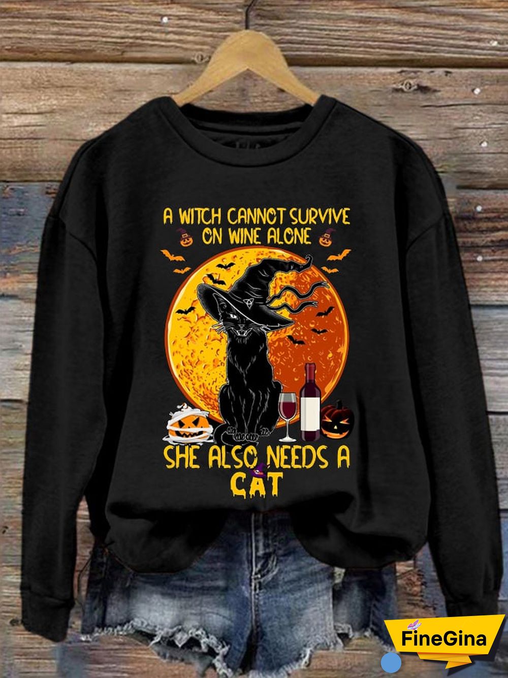 Women's A Witch Can not Survive on Wine Alone She Also Needs A Cat Print Crew Neck Sweatshirt