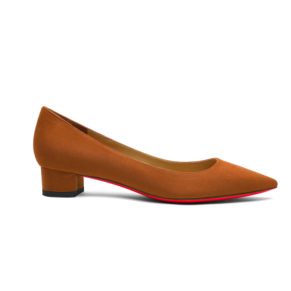 30mm Chunky Heels Pointed Toe Red Bottom Kitten Daily Suede Pumps Low Heels for Women-MERUMOTE