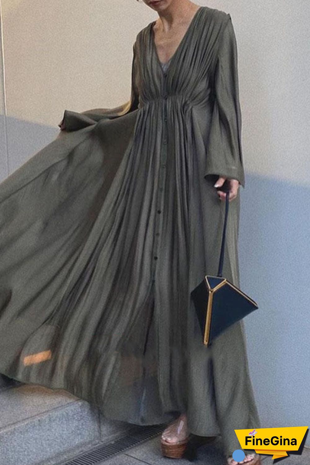 Fashion Street Solid Split Joint V Neck A Line Dresses