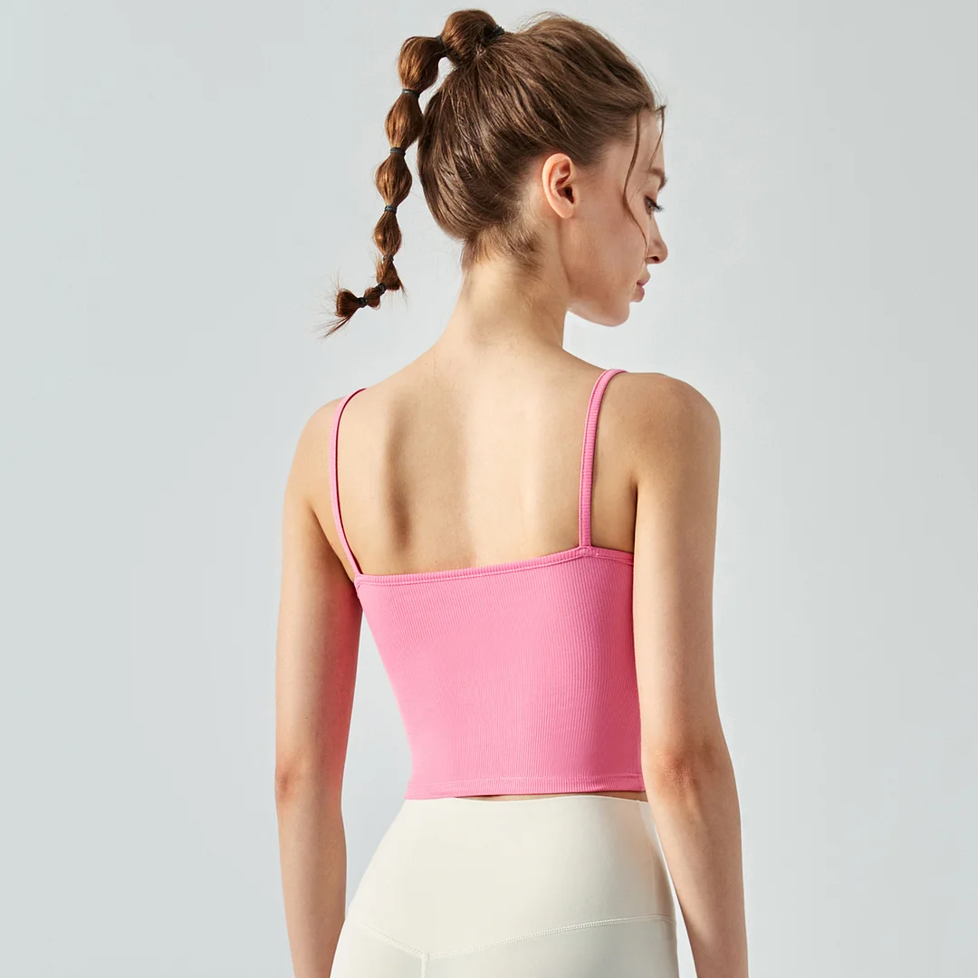 Hergymclothing Wild Rose Pink ladies fashion contrasting colors thin straps stretchable workout polyester spandex tank tops with built in pads for sale