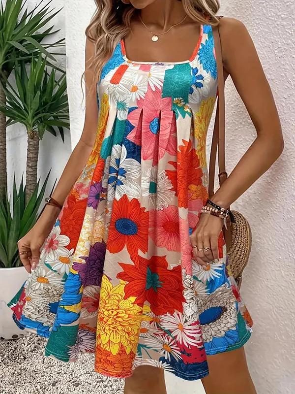 Pleated Flower Print Sleeveless Loose Round-Neck Mini Dresses