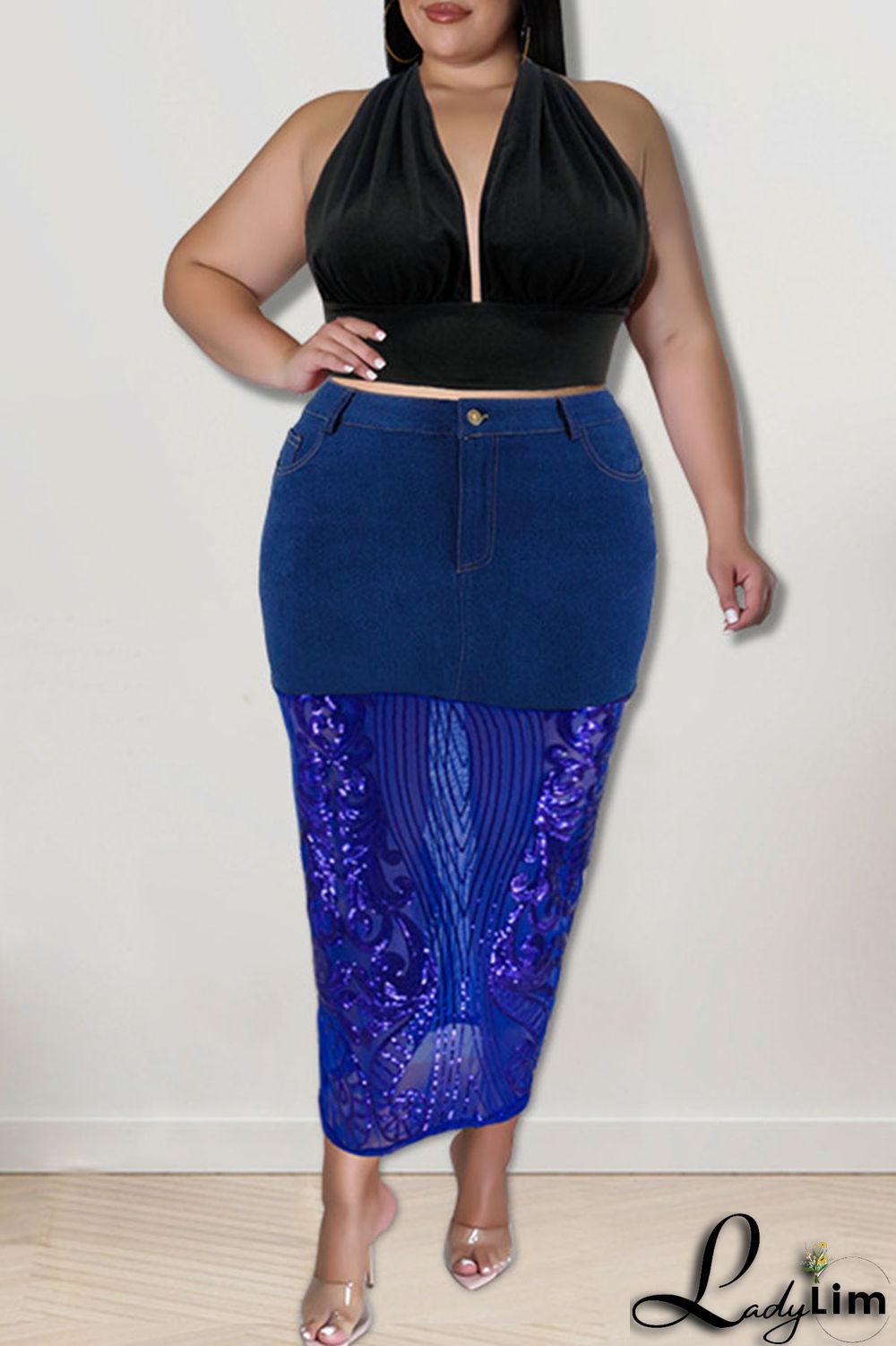 Deep Blue Sexy Solid Embroidered Sequins Patchwork High Waist Denim Skirts