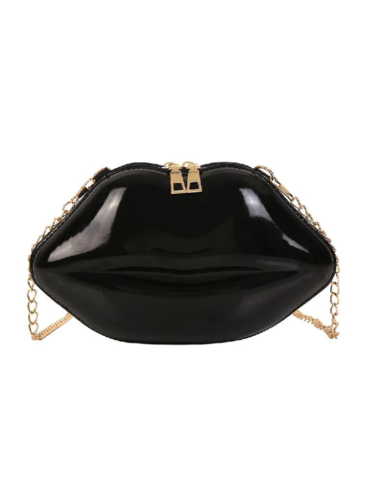 Lips Women PVC Handbags Chain Messenger Bags Shoulder Party Clutch (Black)
