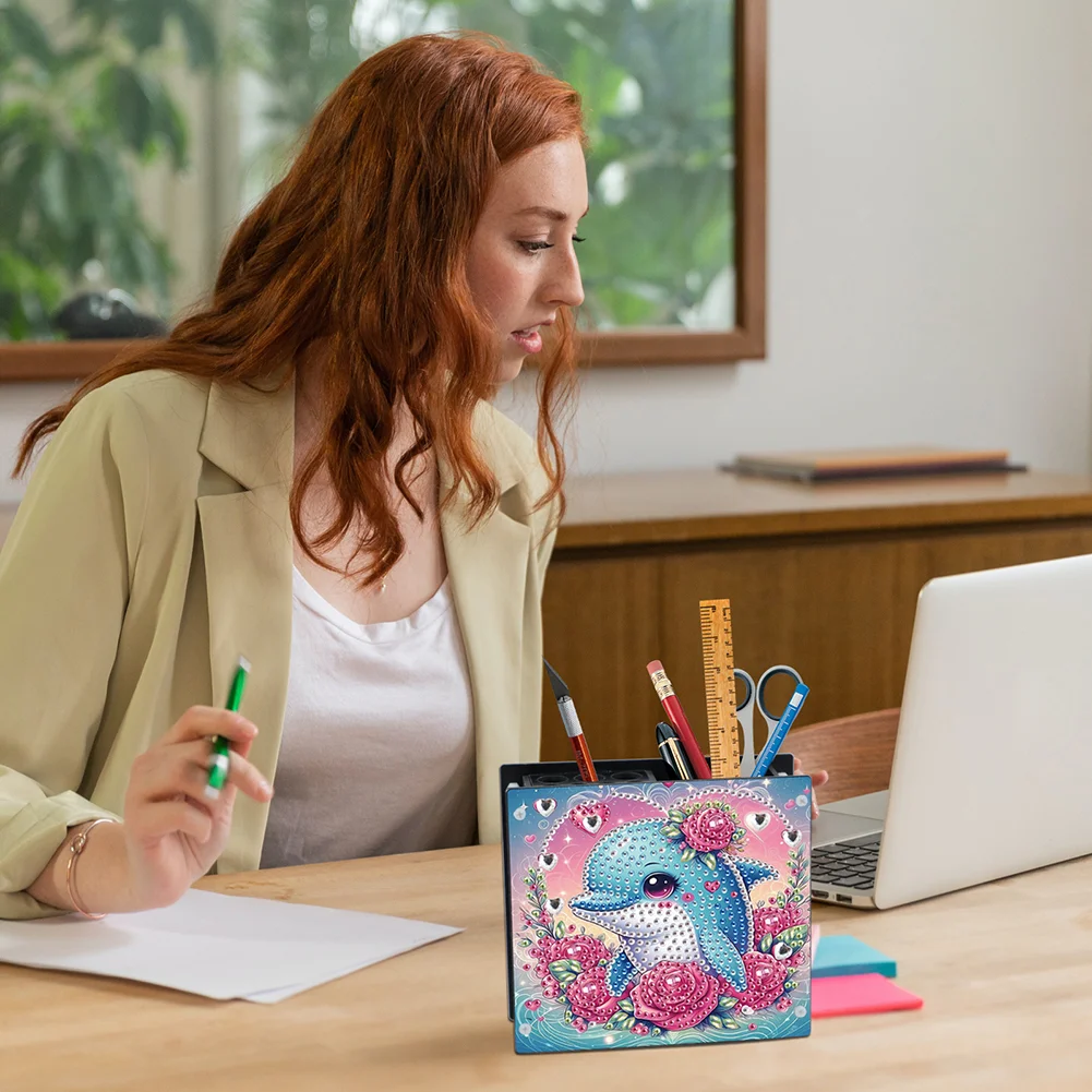 DIY Dolphin Special Shaped Diamond Painting Acrylic Pencil Holder Organizer