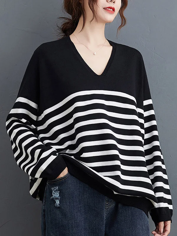 Artistic Retro Casual Loose Striped V-Neck Long Sleeves Knitted Sweater