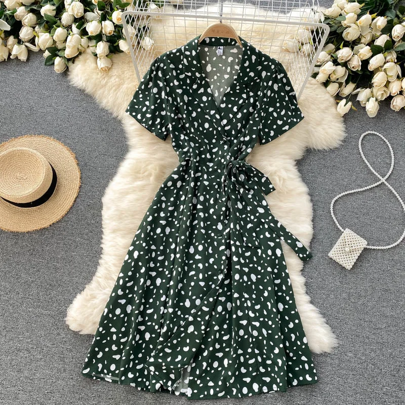 Croysier Dresses For Women 2021 Elegant Notch Lapel Belted Midi Dress Vintage Print Short Sleeve Buttoned Casual Summer Dress