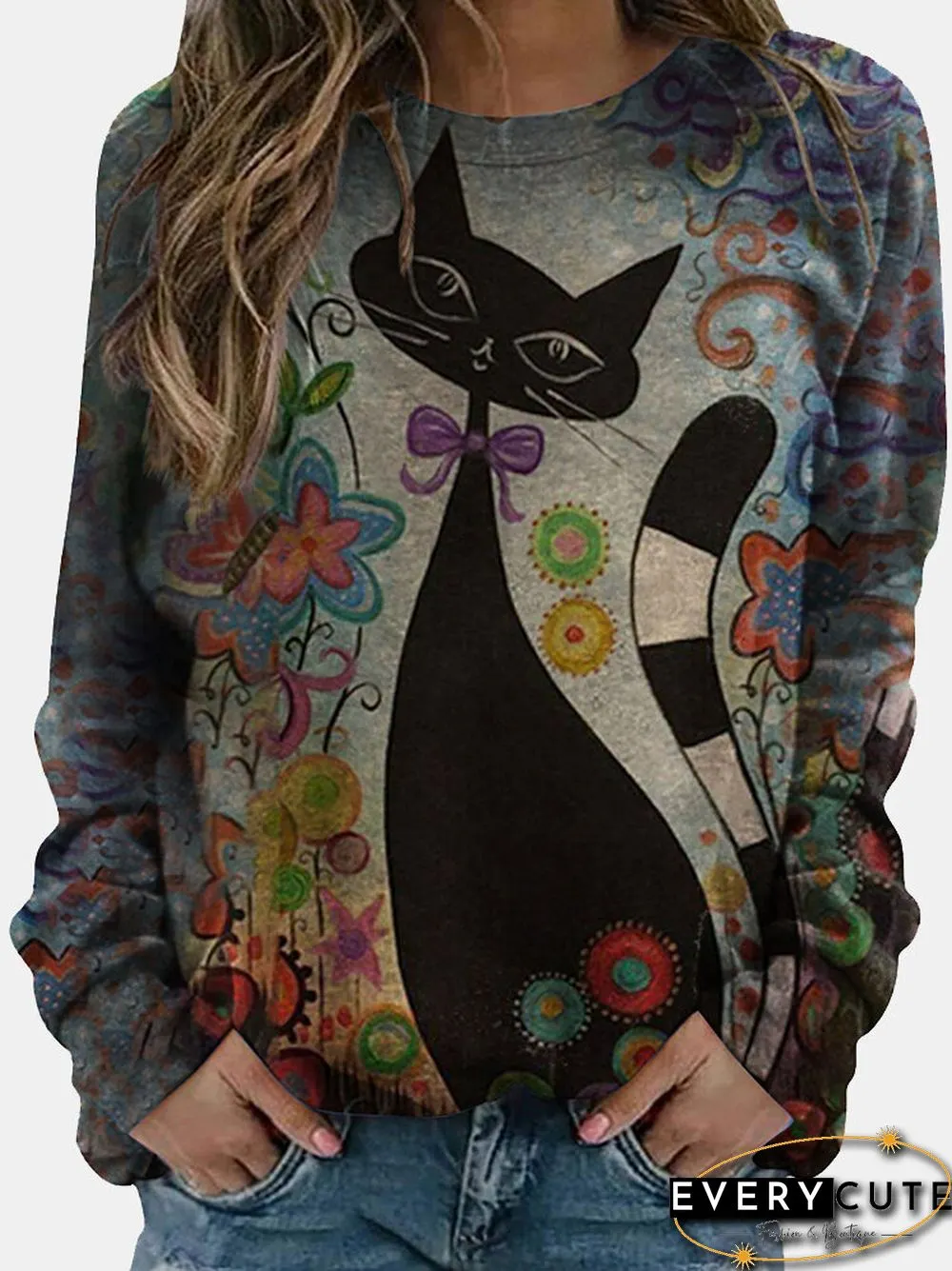 Cat Calico Printed Long Sleeve O neck T shirt For Women P1762569