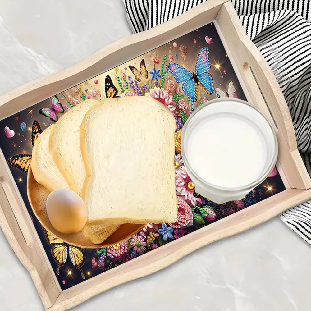 5D DIY Flower Butterfly Diamond Painting Wooden Serving Tray with Handle for Desk