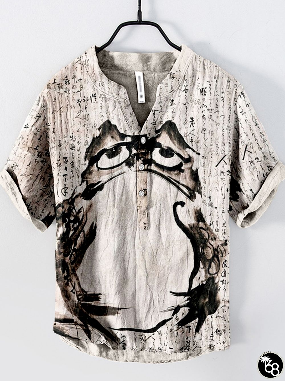 Japanese Frog Art Pattern Short Sleeve Linen Blend Shirt | 168DEAL