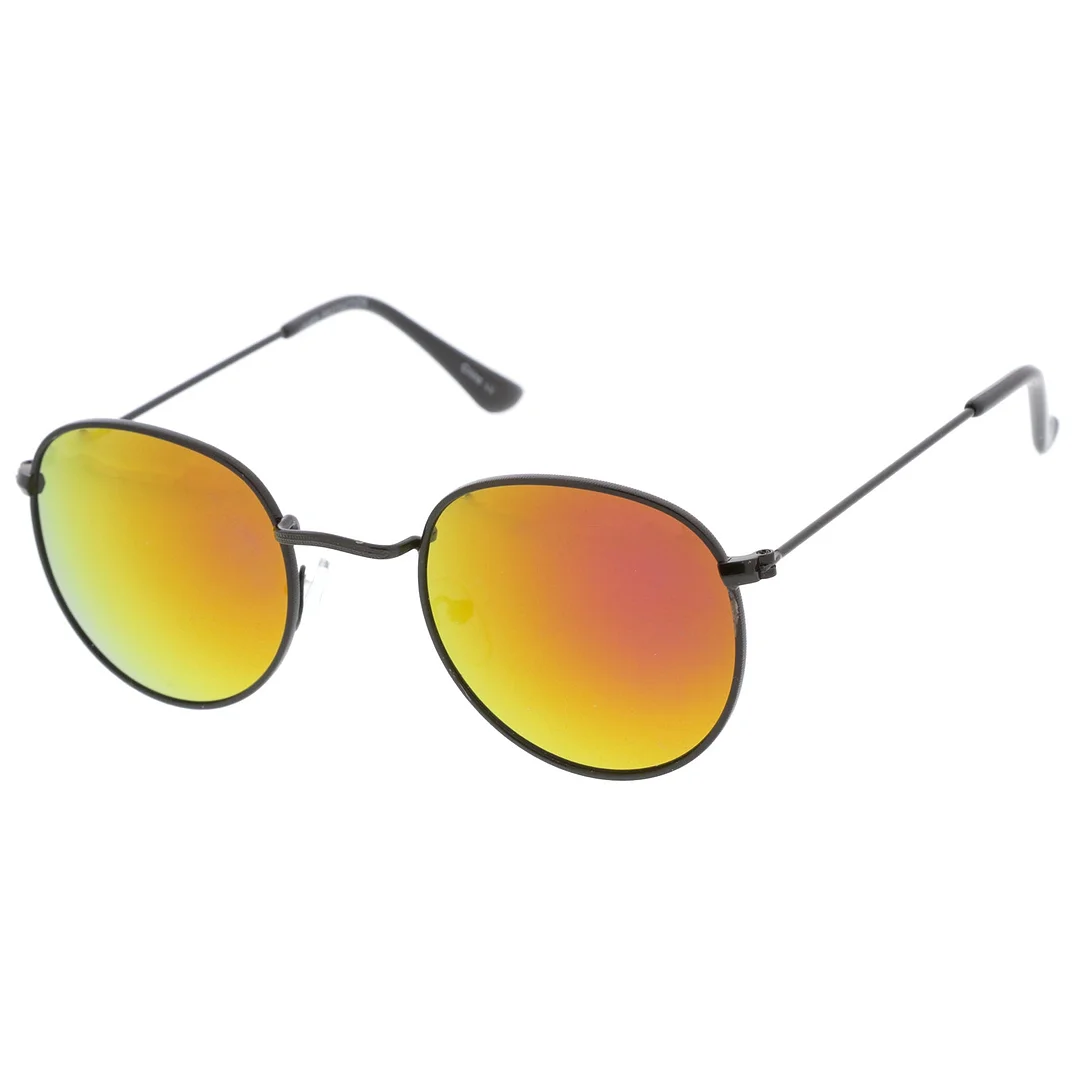 Classic Metal Slim Temple Textured Nose Bridge Mirrored Lens Round glasses 49mm