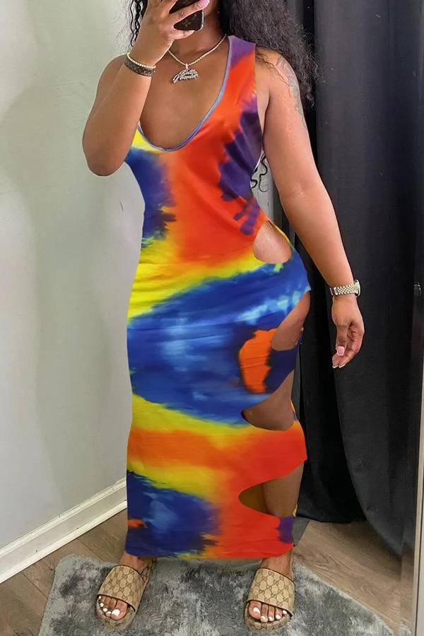 Sexy Tie Dye Cutout V Neck Maxi Dress