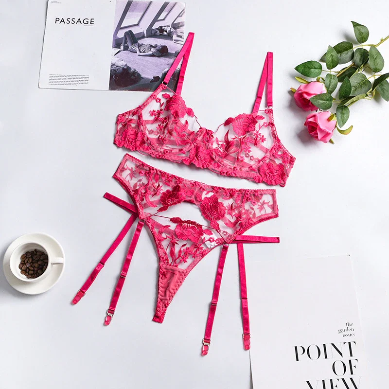 Billionm Women Sexy Lingerie Sex Sensual Bra and Panty 3 Pieces Set with Garter Belt Neon Color Lace Underwear Floral Embroidery Lingerie