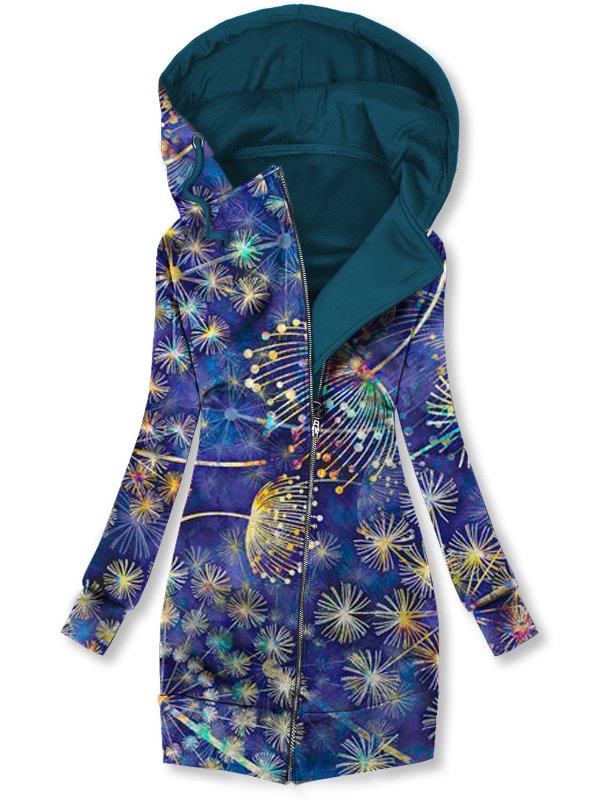 Retro Dandelion Print Zipper Hooded Jacket Coat