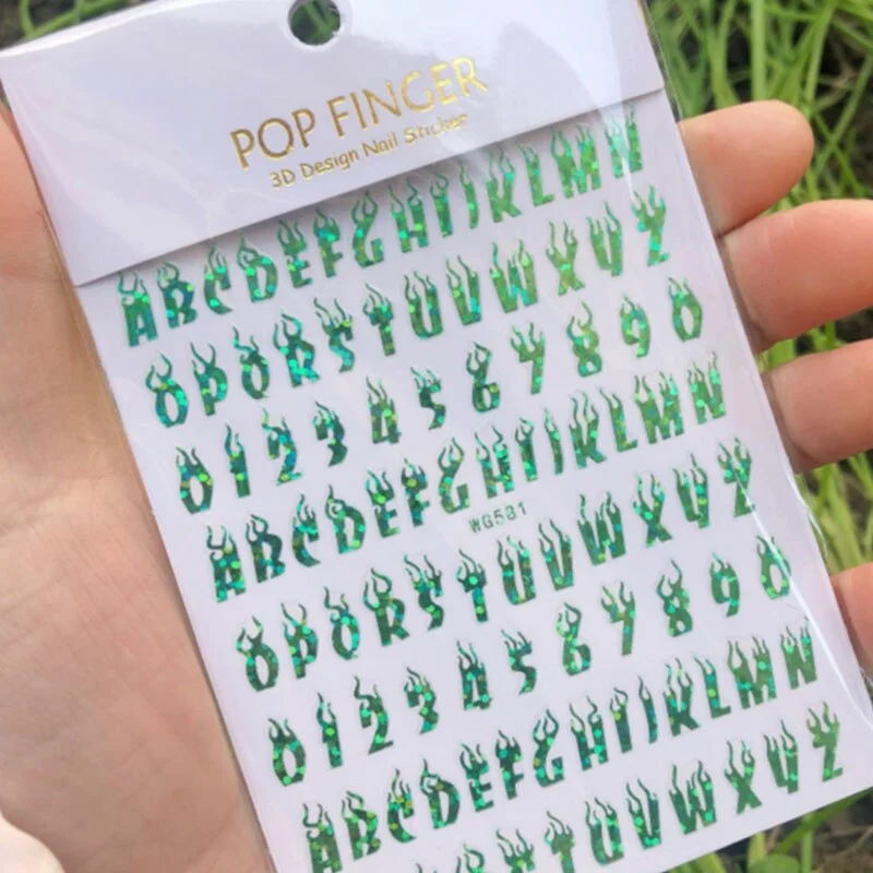 Laser Alphanumeric 10 Color Nail Sticker Decoration 3D Burning Alphabet Arabic Numerals Nail Slider Decal Manicure Accessories