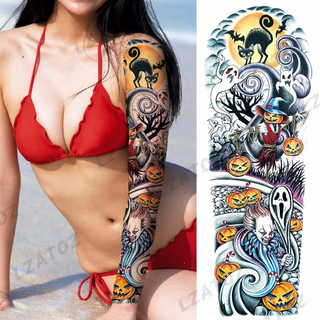 Sdrawing Sleeve Temporary Tattoos For Men Women Realistic Pirate Ship Wolf Tiger Skull Rose Flower Fake Tattoo Sticker Arm Tatoos