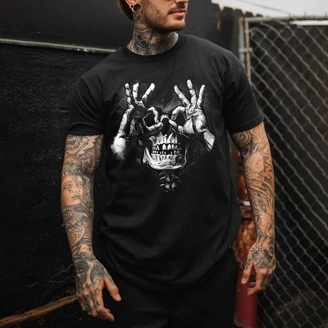 Skull With Ok Pattern Graphic Casual Black Print T Shirt