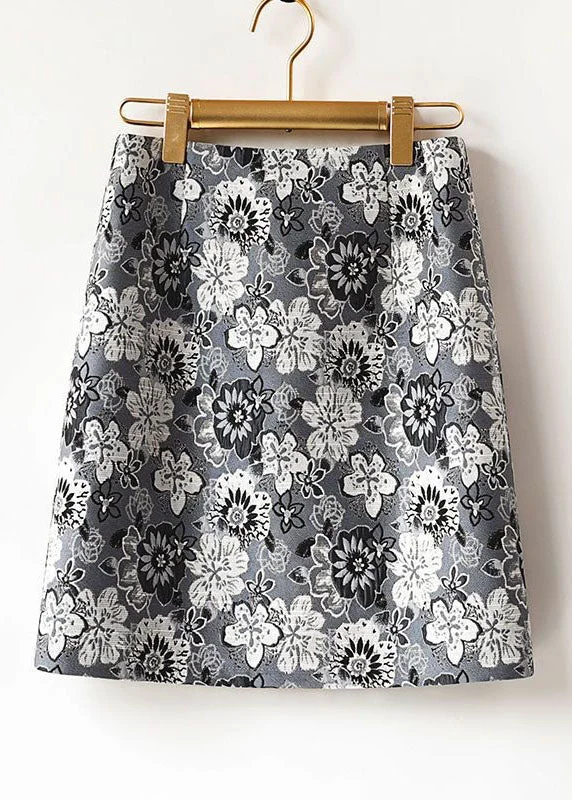 Vintage Grey Jacquard Patchwork Zip Up Cotton Skirts Spring