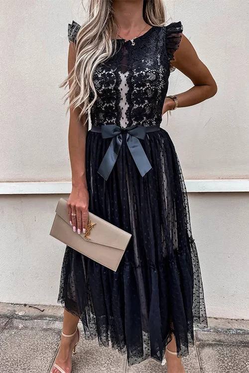 Women's Party Dress High Waist Sleeveless Lace Swing Mesh Dress