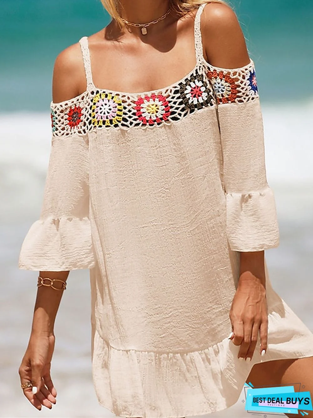 Women's Cover Up Beach Dress Beach Wear Mini Dress Ruffle Backless Ethnic Casual Floral Spaghetti Strap 3/4 Length Sleeve Loose Fit Outdoor Daily Black White 2023 Spring Summer One Size