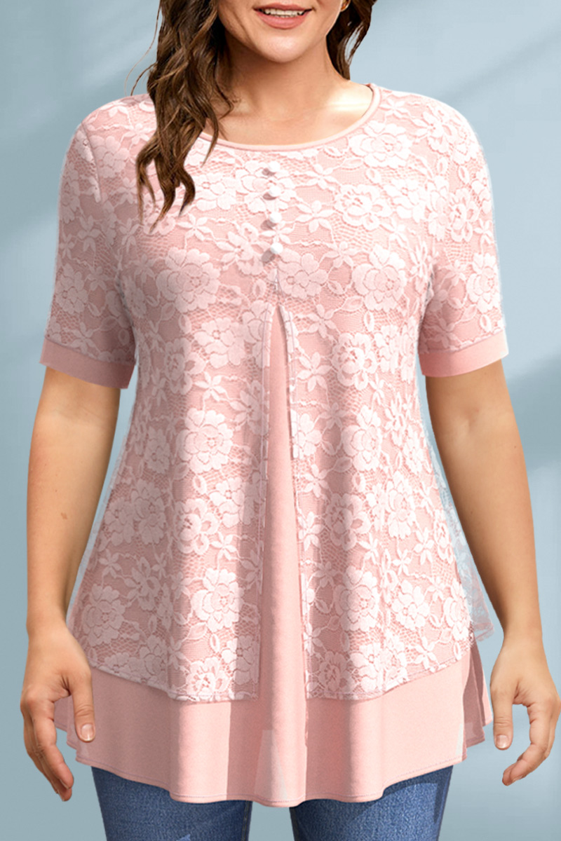 Flycurvy Plus Size Casual Pink Lace Stitching Split Fake Two Piece Blouse