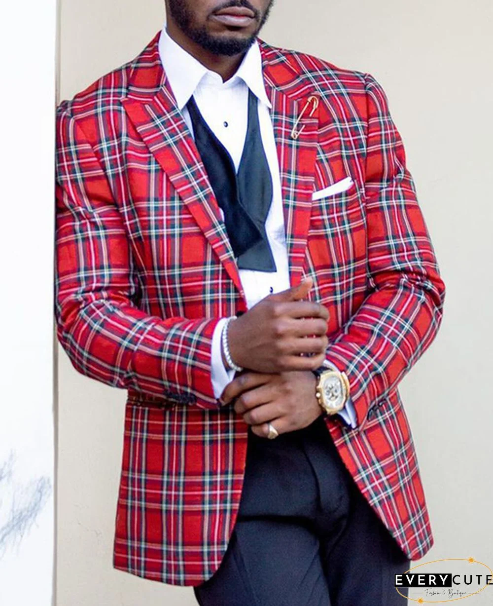 Christmas Lapel Collar Single Breasted Plaid Pattern Blazer