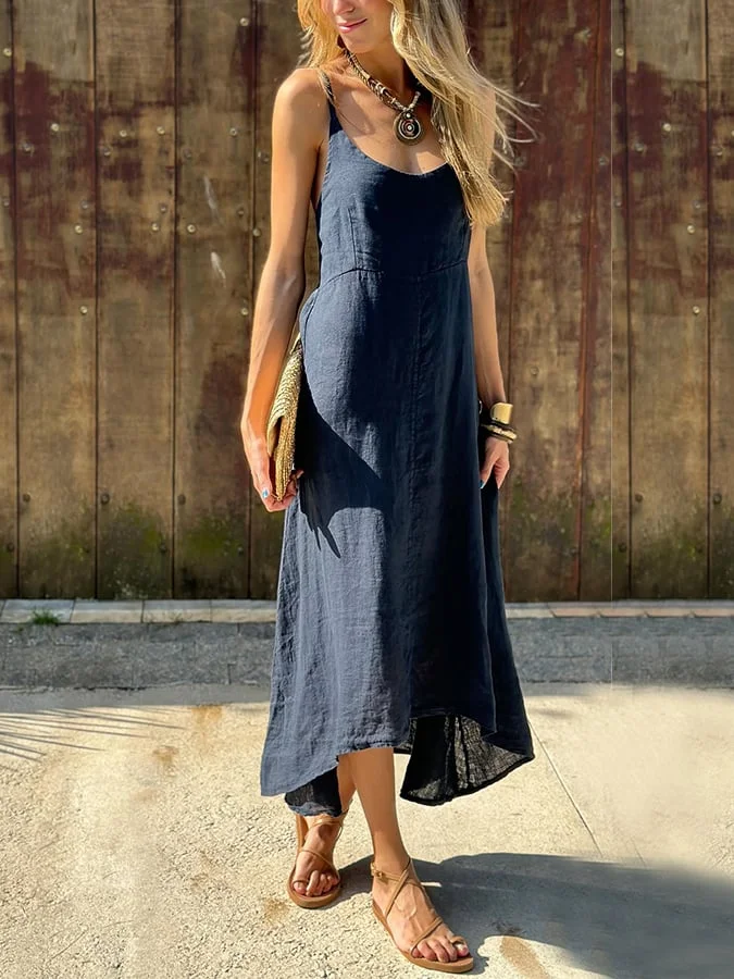 Women'S Casual Irregular Hem Solid Color Cotton And Linen Dress