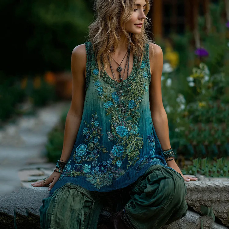 Vintage Classy Gradient Blue Rose And Floral Embroidered Pattern Linen Tank Top