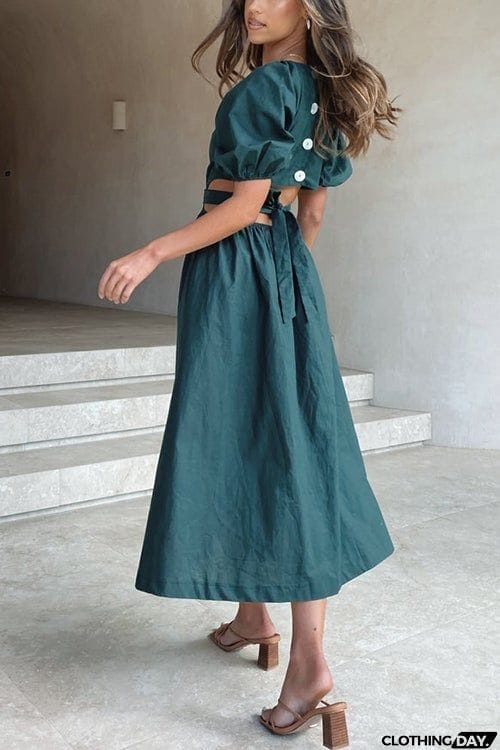 Cut Out Waist V Neck Puff Sleeve Dress