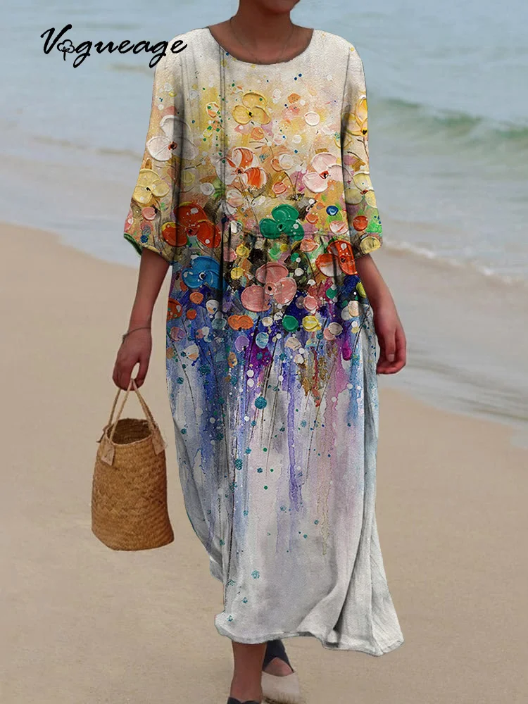 Fashionable And Generous Flowers Printed Women's Casual Cotton And Linen Dress