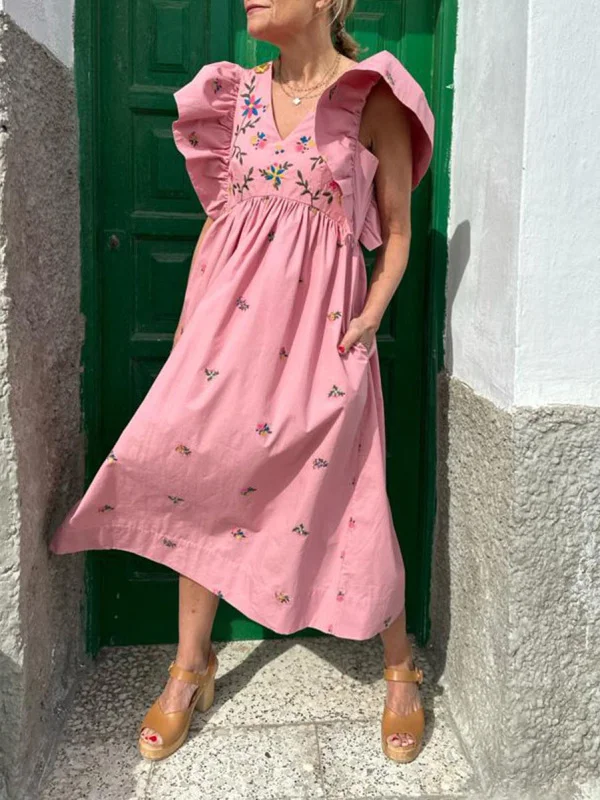 Pink Embroidered Ruffle Dress