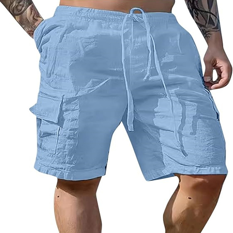 Men's Drawstring Cotton And Linen Multi-Pocket Cargo Shorts