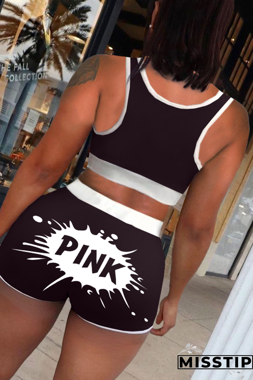 Black Street Print Patchwork U Neck Plus Size Two Pieces