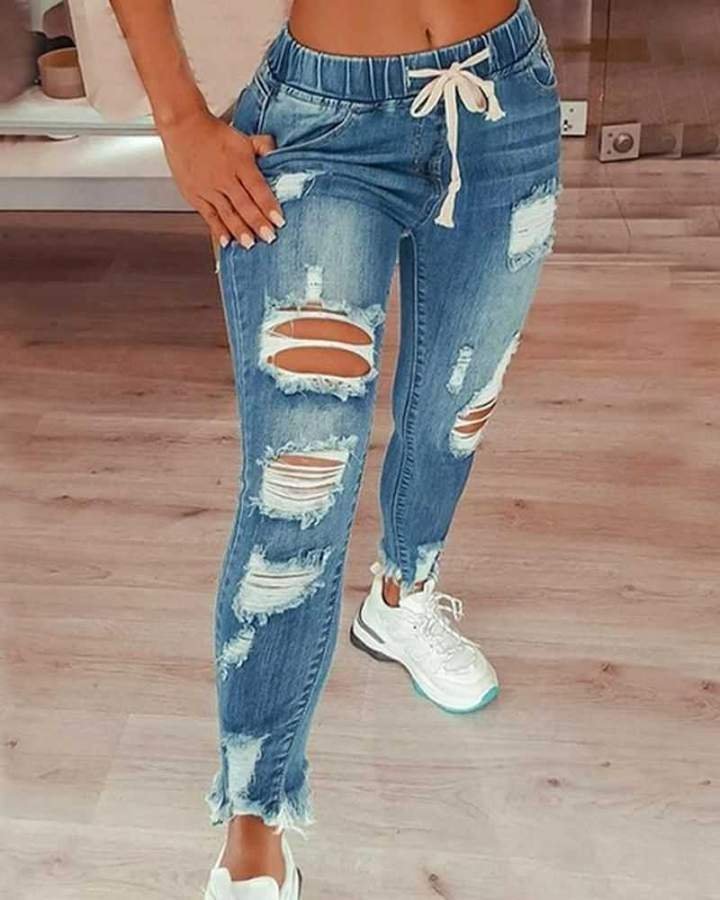 50% OFF💥Distressed Drawstring Waist Jeans🔥(Buy 2 Free Shipping）
